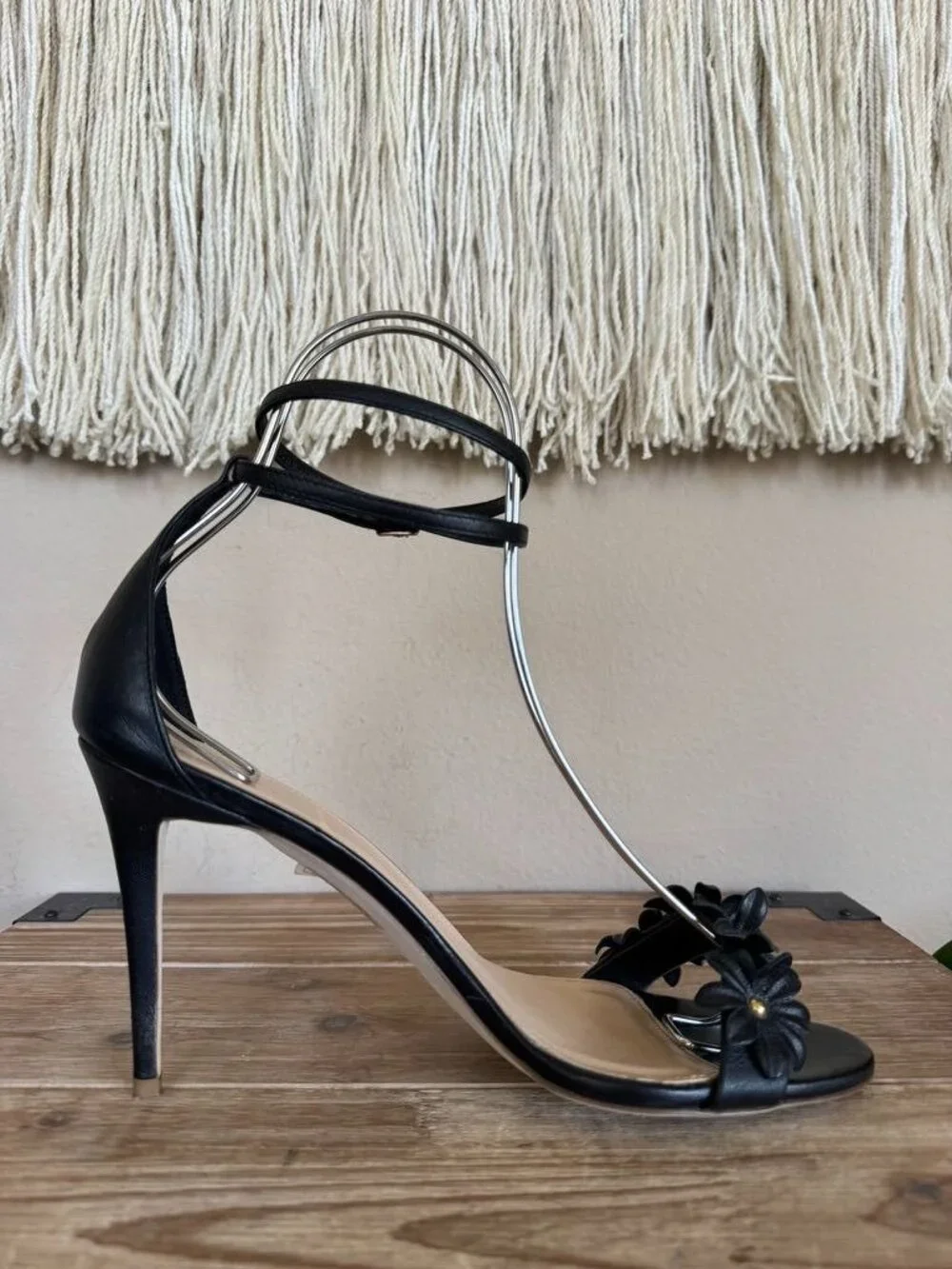 J. CREW Black Leather 3-D Floral Ankle Wrap Open Toe Stiletto Sandals Size 9